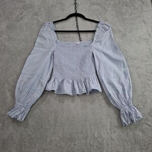 Reformation Light Blue Smocked Peplum Blouse
